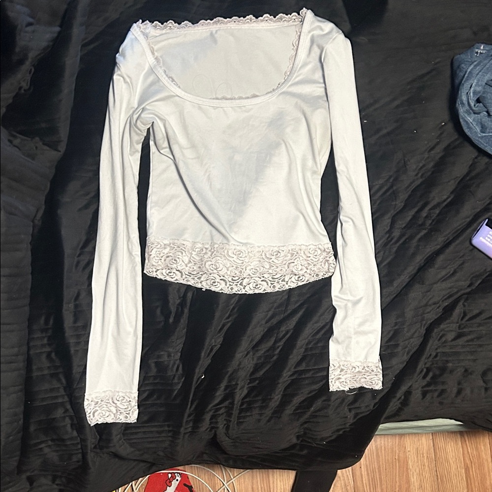 White Lace-Trim Long Sleeve Top - Women